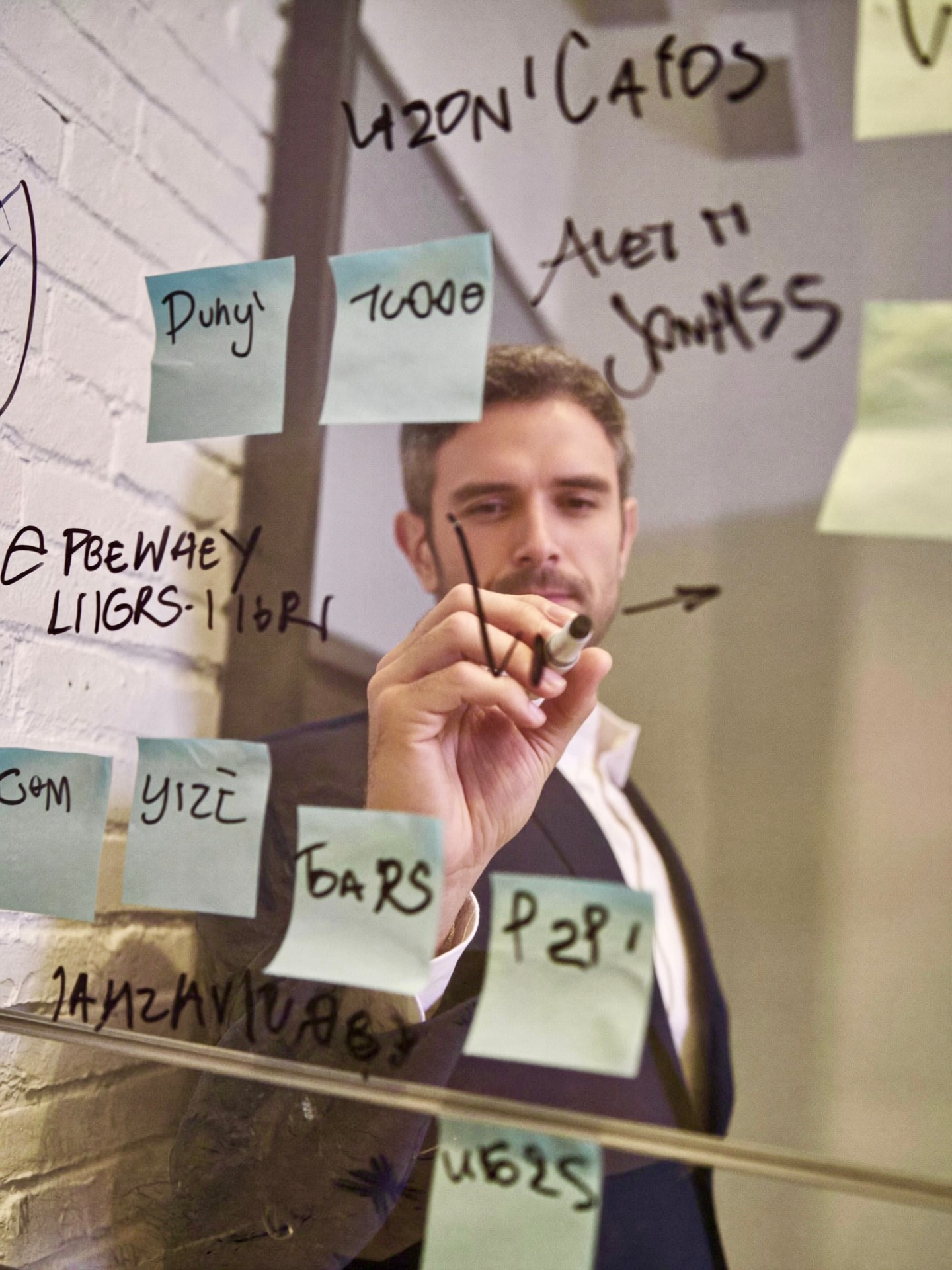 André Faim planejando um projeto em um quadro de post-its